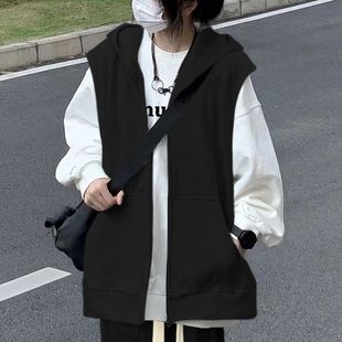 Single/suit Women's Spring and Autumn Three-Piece Zipper Vest Jacket I Female Student Style Hooded Sweatshirt Loose Wide Leg Pants
