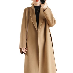 Autumn and Winter new double-sided cashmere coat Women's Mid-length green collar 100% pure wool lace-up all-match woolen coat