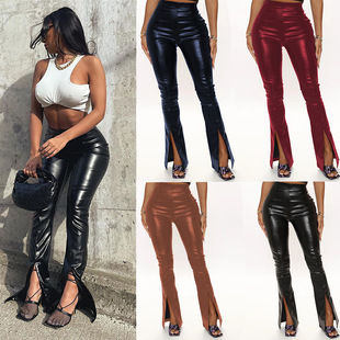 Wish Amazon sexy PU leather pants European and American classic high waist stretch flared pants children split pants plus size