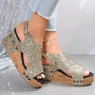Amazon Roman Sandals Women's Sequins Flat Wedge Platform Sandals Large Size Cross-border Women's Shoes Fish-toe Women's Sandals