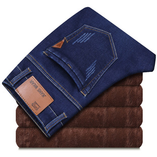 Winter jeans men's fleece-lined thick loose straight outer wear cotton warm autumn and winter men's casual long pants
