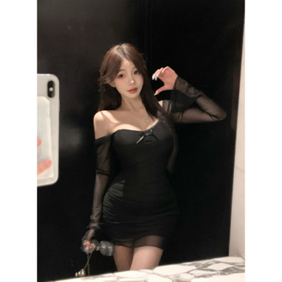 Pure Desire Spice Girls Backless Sexy Bag Hip dress Mesh Long-Sleeved Skirt Women's Autumn U-Neck Slim-Fit Slimming Skirt