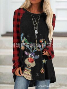 wish Amazon Cross-border Women's Clothing European and American Explosions Printed Crewneck Long Sleeve Loose T-shirt Women's Top Spot 1203