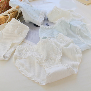 Pure and Simple Lace Edge Bow Cute Girl Mid-Waist Underwear Threaded Cotton Student Shorts C- 9 Small White Blue