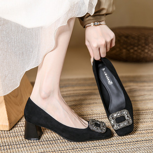 French Shallow Mouth Thick Heel High Heels 2025 New Square Head Rhinestone Chanel Style Women's Shoes Slip-on Commuter Shoes