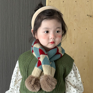 Korean Style Plaid Children's Scarf Warm Thickened Fur Ball Knitted Scarf for Boys and Girls Baby Autumn and Winter Warm Scarf