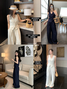 Baishi Wang imitation denim fabric V-neck sleeveless vest casual suit women's summer high waist casual pants two-piece set