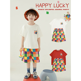 Wuri Boys' T-shirt 2025 Summer Cartoon Crewneck Short-sleeved Top Colorful Plaid Shorts Casual suit
