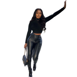 TB5624 cross-border women's clothing autumn and winter hot new fashion all-match sexy tight stretch PU plus size leather pants bottom