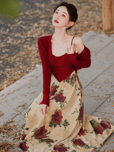 Fall 2023 new Chinese retro printed high waist suspender skirt + knitted cardigan two-piece long skirt