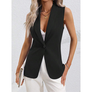 2025 New European and American Cross-border Amazon Solid Color Shawl Collar Suit Cardigan Jacket Sleeveless Crewneck Jacket Women