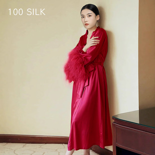 Silk Sexy Nightgown Women's Spring and Summer Satin High-end Ostrich Hair Luxury Bridal Morning Gown 100 Mulberry Silk Pajamas