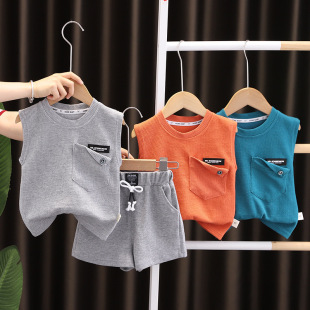 Five Small Seven Korean Children's Clothing 2023 Summer Boys' Sleeveless Suit Casual Sports Children's Knitted Clothing Two-Piece Suit