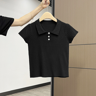 Oatmeal Sweet Pit Polo Collar Short-sleeved Sweater Women's Spring and Summer Interior Slim-fit Slim-fit Small Top