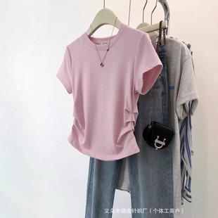 Pure Cotton Small Waist Wrinkled Women's Short-Sleeved T-Shirt Summer New Style Asymmetrical Casual Fashion Slim Short-Sleeved Top