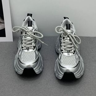Silver Stacked Inner Height-Increasing Women's Shoes 2025 New Summer Ins Popular Thick-Soled Platform Sports and Leisure Dad Shoes