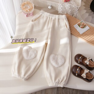 Girls' fleece-lined Casual Pants Winter New Sweet Love Padded Embroidered Pants Children's Winter Thickened Haren Pants