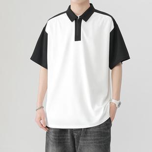 American Contrasting Color Stitching POLO Shirt Men's Summer Loose Half-zip Short-sleeved T-shirt Casual Lapel T-shirt