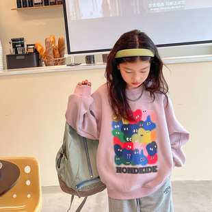 23 Autumn new children's outer wear round neck sweater small and medium girls cartoon printed graffiti style one-piece warm top