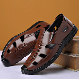 Factory direct leather hollow leather shoes casual full cowhide middle-aged men's shoes summer baotou soft bottom breathable sandals
