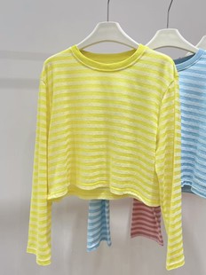 Summer Dopamine 25 Korean Style Lazy Casual Slim T-shirt Women's chubby girl Striped Round Neck Loose Sunscreen Blouse