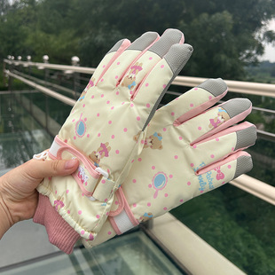 Ski gloves winter outdoor riding non-slip windproof fleece-lined electric car waterproof warm touch screen gloves women's cute
