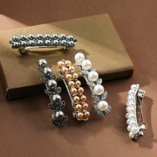 Korean Style Rhinestone Hairpin Women's Pearl Spring Clip Hairpin Headwear Back Head Clip Horizontal Clip Ponytail Clip Hair Accessories