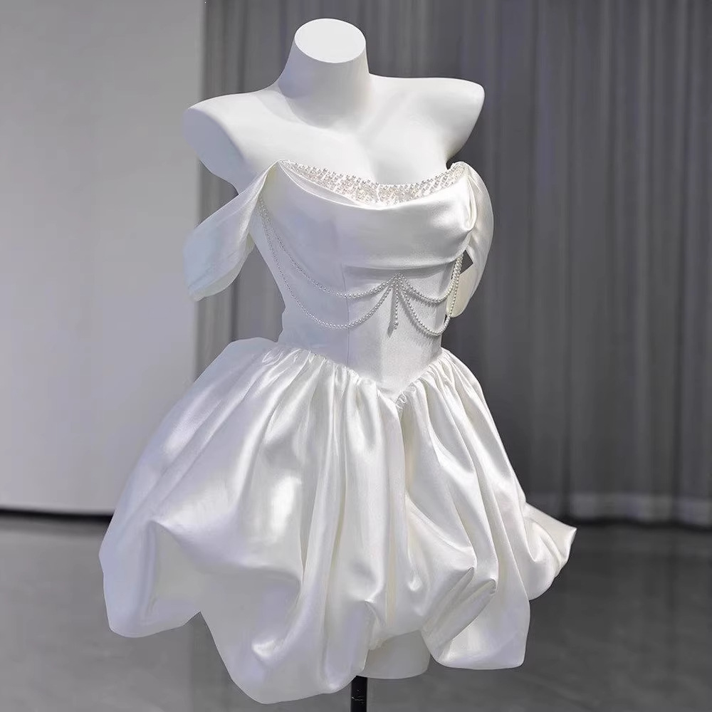 Satin Off-The-Shoulder Light Wedding Dress, French-Style Short Dress for Marriage Registration, Engagement Dress, Birthday Party, Banquet, White Cocktail Dress