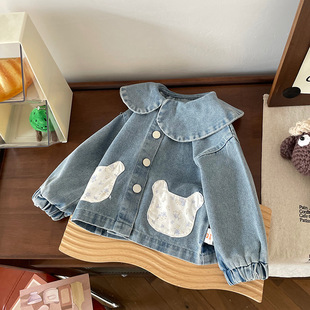 [in stock] CW258525 children's Denim coat 2025 spring new lapel floral applique cardigan coat