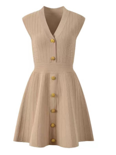 Cross-Border European and American Fashion Celebrity V Neck Metal Buckle Short Skirt Waist Dress Summer Sleeveless Vest Dress A-Line Knitted Skirt