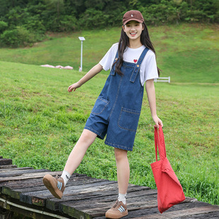 Girl's Big Boy's Denim Suspenders 2024 Summer New Style Western Style Casual Junior High School Short Sleeve Shorts suit S10108