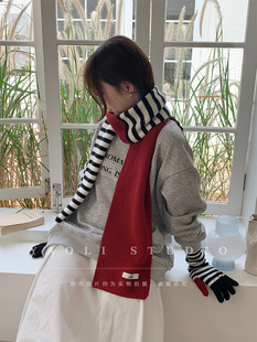 Striped Contrasting Color Woolen Gloves and Scarf Combination Set for Women in Autumn and Winter Thickeneded Warm and Cold-Proof Knitted
