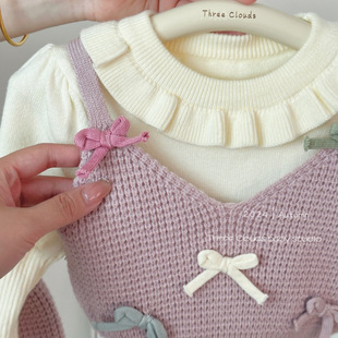 Baby Girl Baby Autumn New Korean Sweet Purple Knitted Three-piece Sweater Vest suit