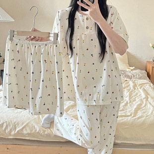 Cross-border Pajamas Women's Summer Thin Imitation Cotton Short-sleeved Pants Cute Cartoon Loose Three-piece Home Wear