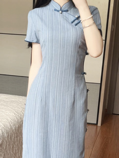 Синий cheongsam 2024 новый летний молодой молодой девушки улучшенный повседневный темперамент длинное ретро платье
