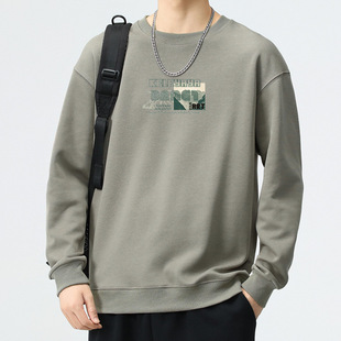 Round Neck Sweater Men's Spring and Autumn Fashion Brand Loose Round Neck Top 2024 New Long Sleeve T-Shirt Printed Base Shirt