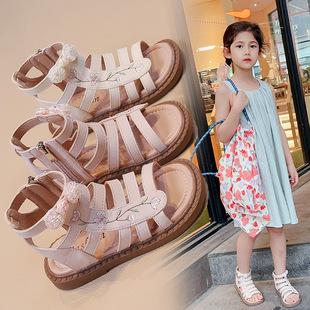 Girls national style sandals 2024 summer new fashion children Roman beach shoes soft bottom embroidered princess shoes wholesale