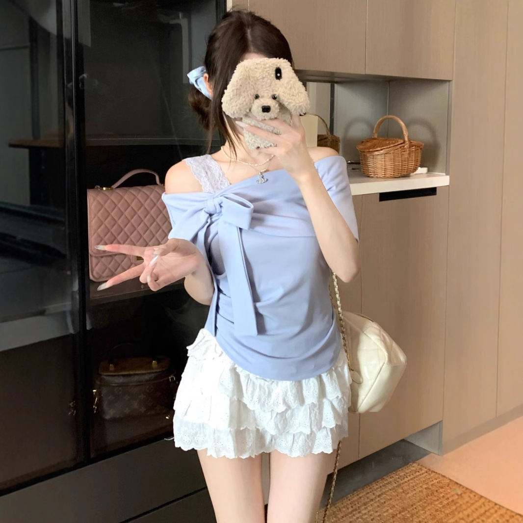 여름용 여성용 블루 원 숄더 퓨어 디자이어 티셔츠 솔리드 컬러 플러스 사이즈 뚱뚱한 MM 보우 오프 숄더 반팔 스위트 소녀 탑 여성용