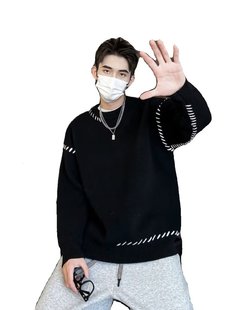 Autumn and Winter New Niche Ming Throw Design Contrast Color Round Neck Sweater Men's Handsome Casual Loose All-match Couple Sweater