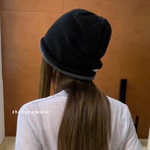 100% Australian Wool Knitted Color Matching Roll-up Cap Autumn and Winter Ear Protection Heap Cold Cap All-match Lazy Old Money Style