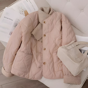 2025 Pink Rhombus Faux Cashmere Cotton-padded Jacket Women's Korean-style Thickened Round Neck Coat Cotton-padded Coat Colored Black