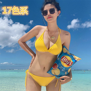2023 New ins style solid color sexy slimming push-up slim three-point multi-color lace-up bikini women's swimsuit