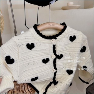 2025 Autumn and Winter Girl's Western Style Chanel Style Love Long Sleeve Hollow Korean Knitted Children's Cardigan Jacket