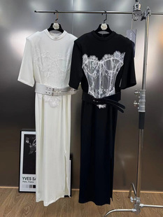 Pomelo mm2025 Summer Retro Crewneck Shoulder Pad Short Sleeve Lace Stitching Belt Tight Waist Slimming dress