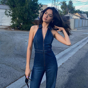 Cross-border American retro fashion sleeveless hot girl slim lapel zipper Denim sexy jumpsuit women's wholesale