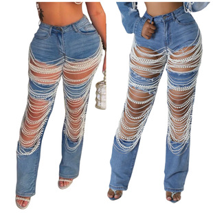Autumn new stretch jeans MZ88586 in stock European and American cross-border fashion ripped pearl chain decorative jeans