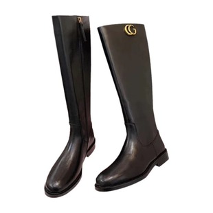 G's Buckle Genuine Leather Over-The-Knee Boots for Women 2024 New Autumn and Winter Medium Thick Heel High Boots Thick Sole Cycling Boots