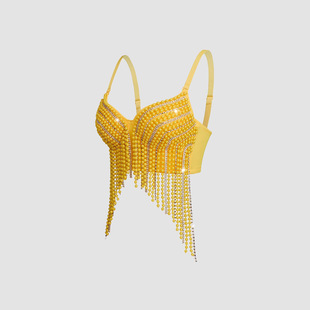Lu Qiuguo Rose Red Camisole Tassel Top Heavy Industry Pearl Diamond Short Fishbone Corset Fashion Vest DB1728