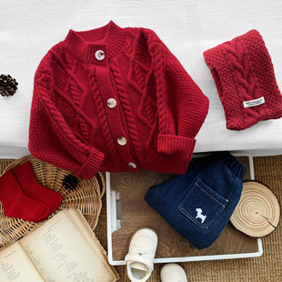 Baby's Red Sweater Boy's Korean-style New Year's Service Crew Neck Coat Female Treasure Fried Street Thick Twist Knitted Cardigan