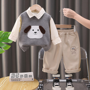 Children's sweater suit 2025 spring and autumn new cute puppy sweater vest for boys and girls vest three-piece set